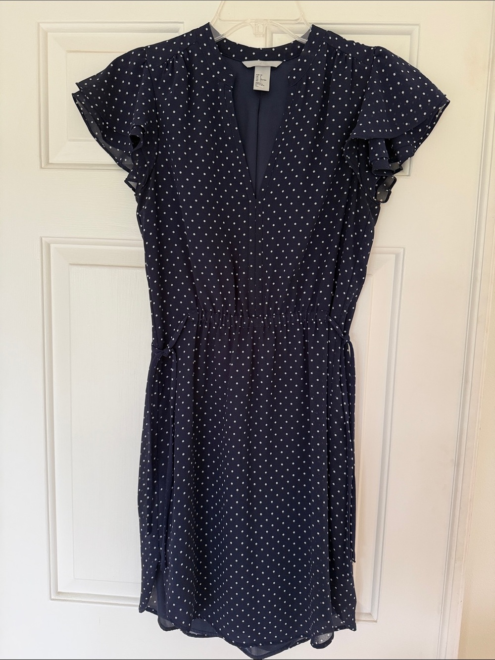 H&M Navy Dress with White Polka Dots and Flutter Sleeves - Size 2